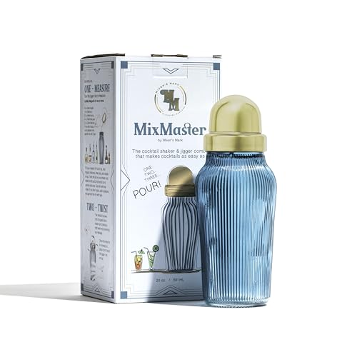 The MixMaster Cocktail Shaker with Strainer and Jigger Measuring Cap - Art Deco Leakproof Glass Drink Mixer for Crafting Cocktails - Innovative Home Bartending Supplies and Accessories - Blue