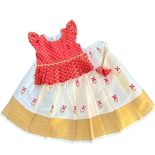 Stanwells Kids Kerala Kasavu Polka Brocade Silk Baby Girls Floral Embroidery Lehenga Choli Set