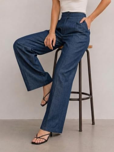 Image of Women's High Waist Wide Leg Trousers | High Rise Button Closure Palazzo Pants | Comfortable Casual Formal Office Wear Trousers | Stylish Bottom Wear for Women