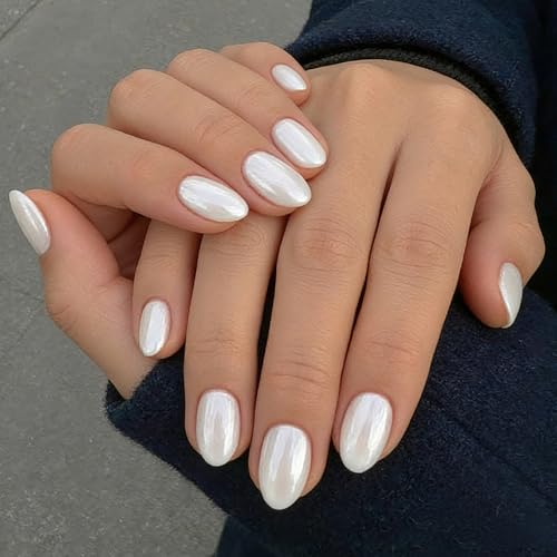 32pcs White Chrome Press On Nails Short Almond Fake Nails