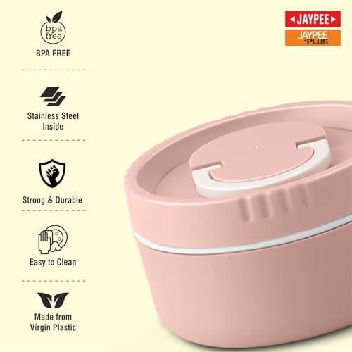 Image of Jaypee Plus Snackpac Airtight Leakproof Container 400 ml Lunch Box for School, Office, Ideal for Snacks and Meal, Keeps Food Hot & Fresh Inner Stainless Steel Easy to Carry Handle, Sanitary Pink