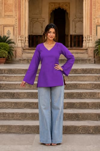 Image of Women's Cotton Short Kurti Black Solid Plain V Neck Full Bell Sleeve Casual Stylish Short Kurta for Women for Jeans Daily Girl Top