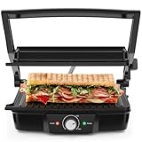 Chefman 4 Slice Panini Press, Indoor Grill and Gourmet Sandwich Maker, Nonstick Plates Open 180 Degrees, Adjustable Temperature, Floating Hinge for Thick Bread and Rolls, LED Indicators, Black
