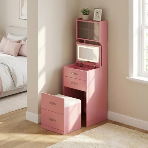 Garvee 3 in 1 Vanity Desk with 3 Color LED, Compact Makeup Vanity Set with 2 AC Outlets & USB, Dressing Table with Drawers & Acrylic Doors, Nightstand