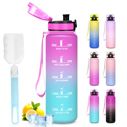 Mujigaga Botella Agua 1 Litro, Botella Agua, A Prueba de Fugas, Fácil de Transportar, Cantimplora Infantil con Filtro, Cantimplora con Marca de Tiempo, para la Adulto, Senderismo, Oficina, Gimnasio