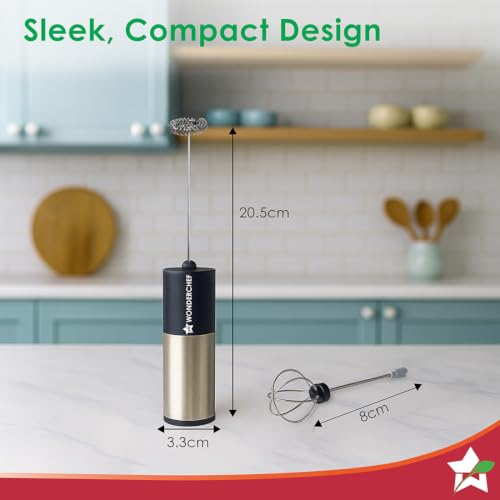 Image of Wonderchef Regalia Milk Frother & Whisk, Kitchen Tool for Coffee, Lattes, Whip Cream, Egg Whisk, AA Battery Operated, Stainless-Steel, Stand-up Design, Easy Single Push Mechanism, Everyday Use, Black
