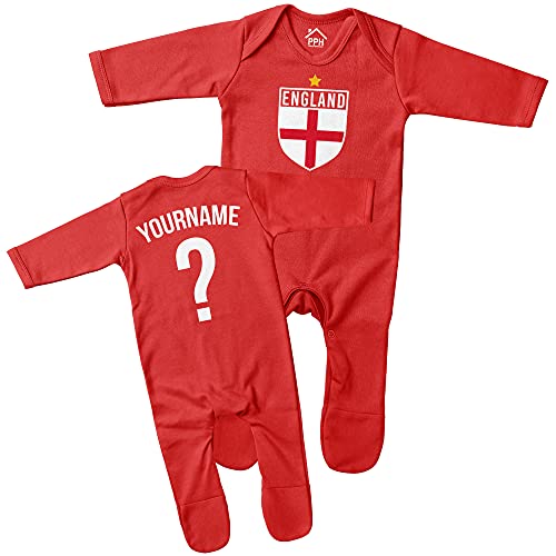 Image of Purple Print House Baby England Flag Badge Custom Name and Number Romper Suit - Football Personalised Retro Europe Summer 2021 Footy Gifts for Boy - Unique European Footie Top, 3-6 Months, Red