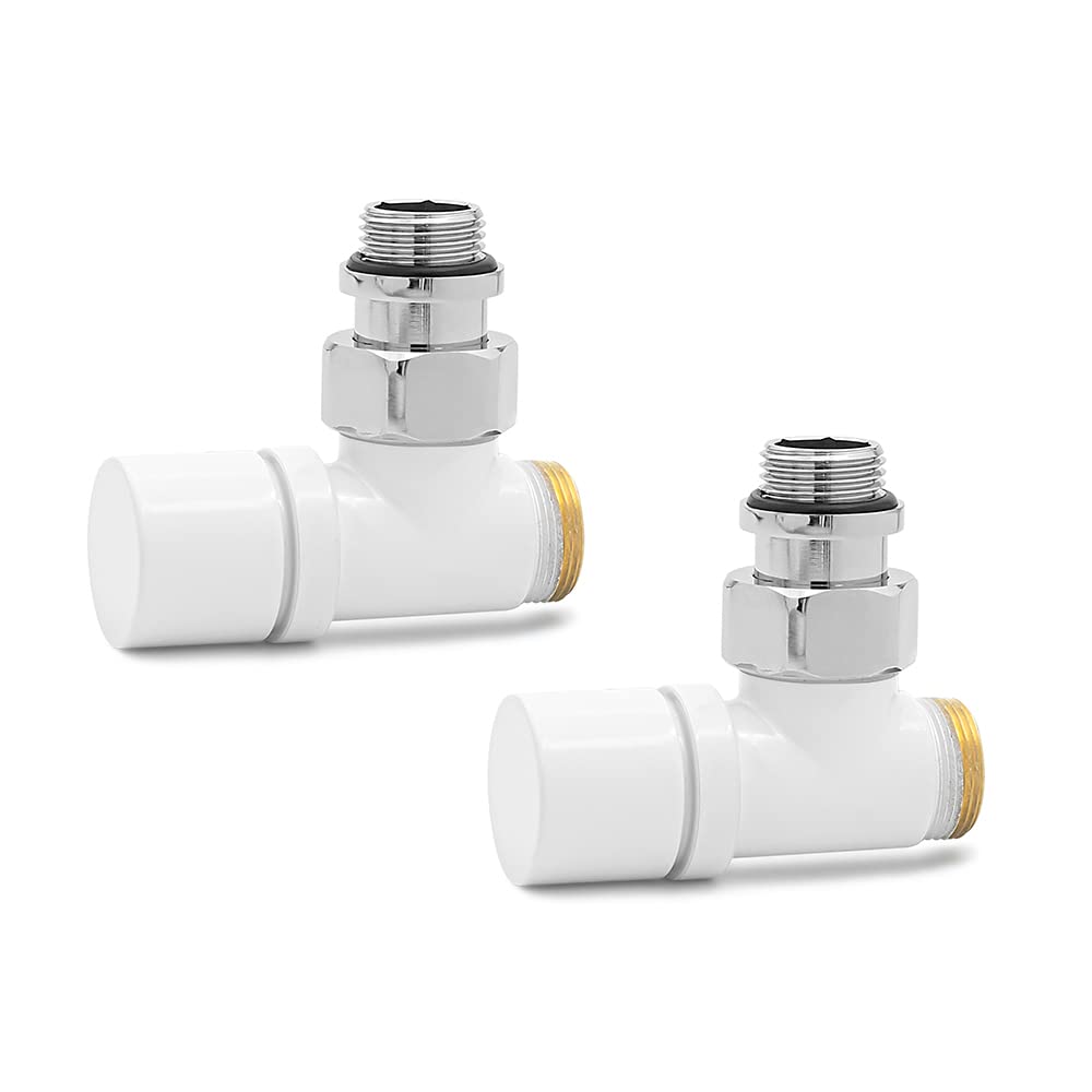 Coppia valvole per termoarredo in acciaio bianco con raccordi per multistrato 16x2 mm, COMPLETA di testa termostatica con sensore a liquido