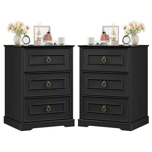 FOREHILL Mesitas de Noche con 3 Cajones, Mesitas de Noche Dormitorio, Pack 2, Mesillas de Noche Dormitorio, Mesa de Noche, Moderno, Negro, 45,5x38x64 cm