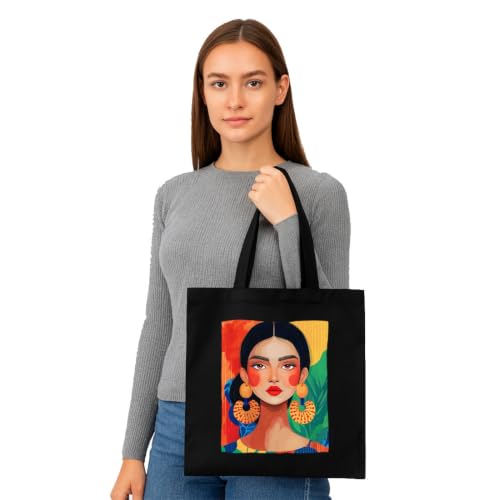 Image of Black Tote Bag With Pocket Printed Designed Canvas Tote Bags For Women large capacity,Tote bag For Shopping, College, Travel, More Canvas Handbag For Unisex Bag