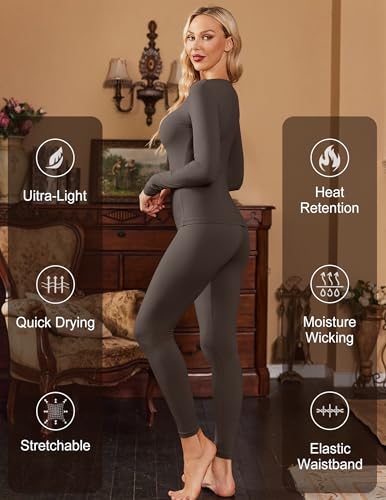 Ekouaer Ski Thermals Womens Soft Thermal Underwear Set, Base Layer Top & Bottom, Chestnut Brown, L - Image 3
