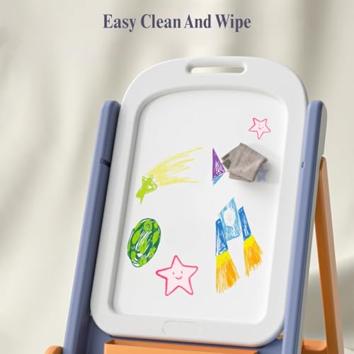 Image of Little Olive Kids Table Chair and Drawing Board with Easel | 2 in 1 Magnetic Activity Station for Toddlers | Foldable Plastic Desk with Storage Tray for Creative Learning Yellow Blue