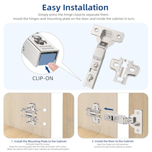 Chibery 10 Pack 丨 105° Half Overlay Soft Close Concealed Frameless Cabinet Hinges, Satin Nickel, Stop at Will 45-105 Degree, Self Closing, 3D Adjustment, Clip On, Stainless Steel for Home Office by Chibery - Image 4