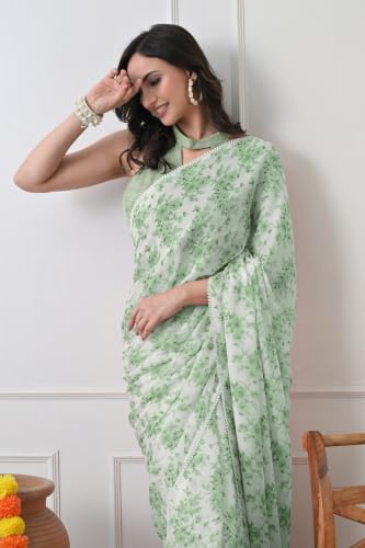 Image of MIRCHI FASHION Saree for Woman Georgette Floral and Leaf Printed | Elegant Farewell and Ceremonial Women's Sari with Blouse Piece