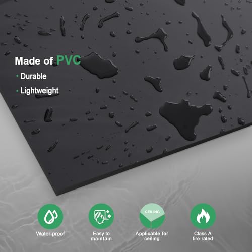 Smooth Black Drop Ceiling Tile 2ft x 2ft, PVC Ceiling Panel – Waterproof, Washable and Fire-Rated - High-Grade PVC to Prevent Breakage-Package of 12 Tiles