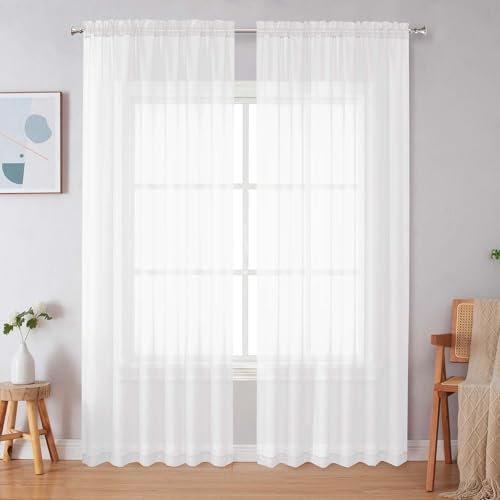 Image of Simplebrand White Sheer Curtains 84 Inches Long, Light Filtering Rod Pocket Solid Color Window Sheer Curtain Panels, Elegant Curtains & Drapes for Living Room, Bedroom 2 Panels (White, 59 inch W x 84 inch L)