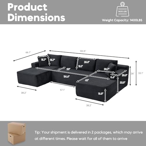 Image of Oversized Cloud Boneless Couch with Chaise, Modern Modular Sofa with Deep Seat, Corduroy Upholstered U Shaped Couch for Living Room, No Assembly Required (Grey)