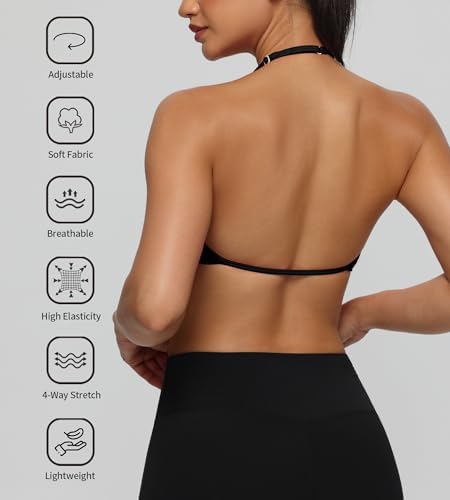 Women Black Halter Sports Bras V Neck Low Impact Open Back Adjustable Strappy Bra - 3