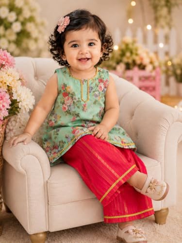 Image of Pspeaches Girls Georgette Sleeveless Round Neck Floral Print Kurta With Palazzo 2 Piece Set|Ethnic Wear For Cute Baby Girls|Traditional & Festive Outfit