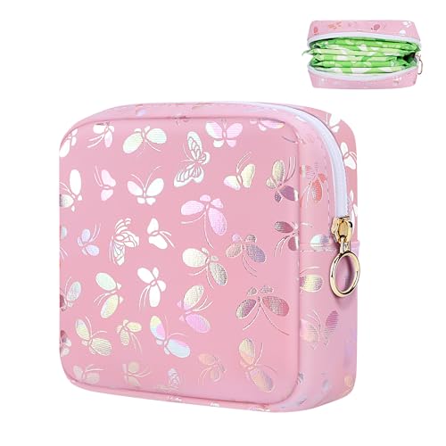 Likesing Period Bag Pouch, Leather Sanitary Napkin Storage Bag for Girls Womens, Portable Sanitary Napkin Period Pad Pouch Bag for Purse, Small Make Up Bags(Pink Butterflies)