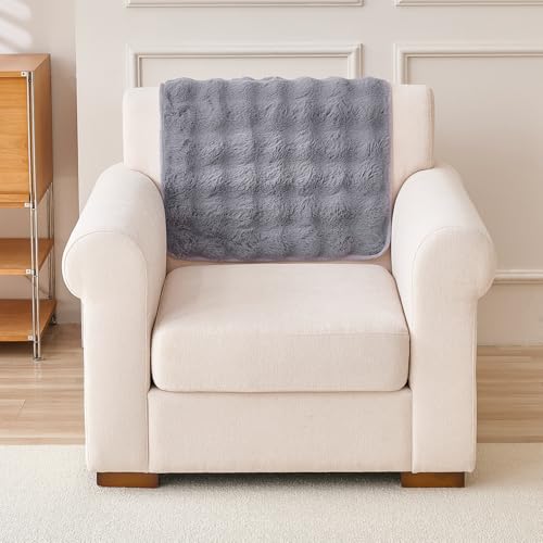 Image of HOKIPO 'FurHug' Luxury Faux Rabbit Fur Sofa Backrest Cover with Anti-Slip Backing, Cool Grey (AR-6289-GRY*1S)