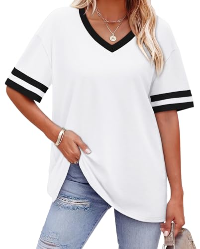 Image of WIHOLL Womens T Shirts Loose Fit Short Sleeve Tees V Neck Color Block Summer Tops 2026 Fashion S-4XL