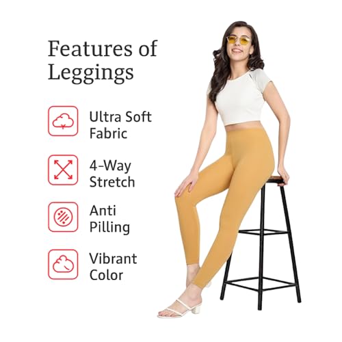 Image of Twinstar T2 Ankle Length Stretchable Cotton Blend Leggings for Women | 180 GSM | Mid-Waist Design | Pack of 5 | Colors - (Gold, Pink, Black, Red, White)