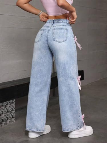 Summer Denim Pants for Women Bow Jeans Wide Leg Baggy High Waisted Cute Bow Pants4