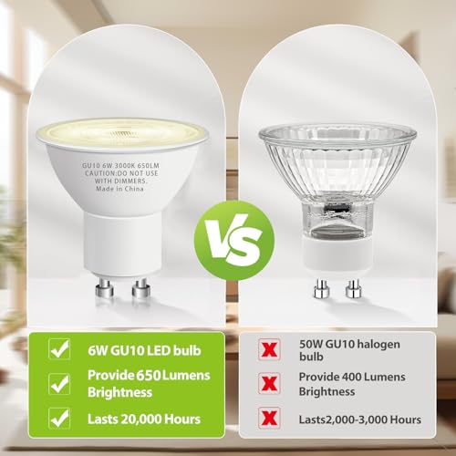 Image of 10 Pack GU10 Led Bulb 6W Equivalent 50W, MR16 Led Bulb 3000K Soft White Light Bulbs, 650 Lumens, Non-Dimmable, GU10 Base, 2 Prong Track Energy Saving Light Bulbs for Kitchen, Living Room, Bedroom