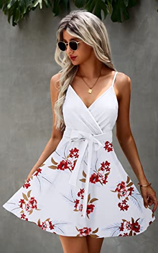Image of ECOWISH Summer Dresses for Women 2026 V-Neck Spaghetti Strap Bowknot Backless Sleeveless Lace Mini Swing Skater Dress
