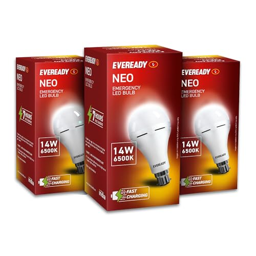 Image of Eveready 14W Emergency Inverter LED Bulb, Cool Day Light (6500K), Rechargeable Bulb with 3 Hours Backup, Ideal for Powercuts, Energy Efficient, B22 Base, Pack of 3