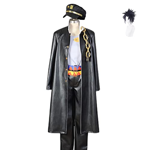 SHIKI Anime jjba Jotaro Kujo Cosplay Costume Men Japanese Gothic Black Jacket Uniform Cloak Robe Halloween Outfit for Women (M-Black-wig)