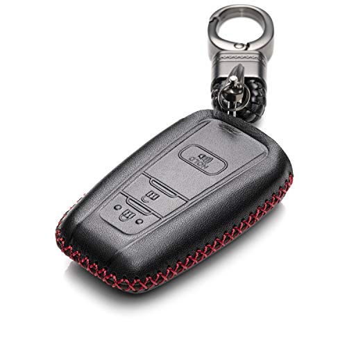 Vitodeco Genuine Leather Smart Key Fob Case Cover Protector - Compatible with Toyota Rav4, Camry, Prius, Highlander, CH-R, Avalon, Toyota 86, Mirai (2016 - 2024 Models) - 3 Buttons, Black/Red