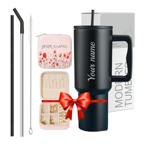 Image of Personalised with Your Name, 1200ml Tumbler with Straw - Handle - Stainless Steel Double Wall Insulated Cup | Leakproof Sipper Mug for Hot - Cold Drinks (Black /Custom Gift)