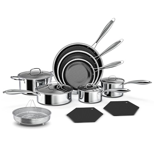 Image of Pots and Pans Set Non Stick, 14 Pcs 5-Ply 18 /10 Stainless Steel | Hybrid Professional Chef Quality Cookware Set, Induction Compatible, PFOA Free Frying Pan, Saute Pan, Saucepan and Pot