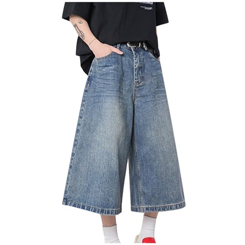 Men's Classic Washed Cropped Denim Pants, Button Waist Loose Wide Leg Casual Pants Going Out Fashion Trousers with Pockets