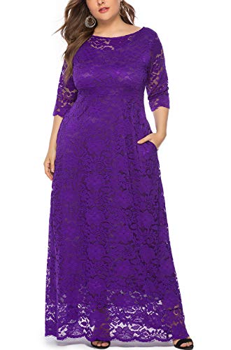 Eternatastic Womens Floral Lace 2/3 Sleeves Maxi Dress Evening Party Long Dress XL Purple — view 5