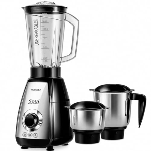 Image of Pringle Soul 650W 3 Jars Mixer Grinder | 5 Year Warranty | 45 Min Non Stop Running | 2 SS Jars (Wet & Dry Grind, Chutney Jar) 1 Juicing Jar | Copper Motor | SS Blades | Black Silver