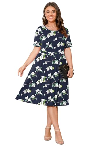 Image of POSESHE Womens Plus Size Summer Dress 2026 Casual Short Sleeve Empire Waist Loose Fit Swing T-Shirt Dress with Pockets