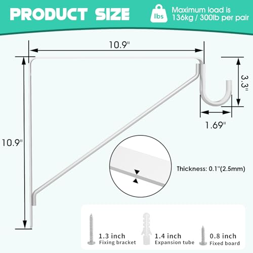 Closet Shelf & Rod Brackets Heavy Duty, 4-Pack Triangular Wall Mounted Shelf Brackets with Clothes Rail Pole Hook, 50kg Load - Image 2