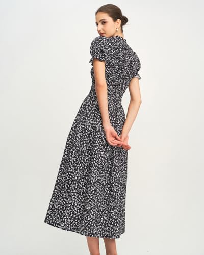 Image of RIHOAS Plaid Gingham Midi Dress Short Sleeve Smocked Dresses for Women | Cotton,Ruffle Puff Sleeves,Vintage Brown,Spring Summer Casual Daily,Picnic,Travel,Vacation,Christmas Festive Occasions