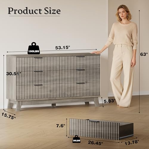 Image of BORNOON 53 inch Long Dresser for Bedroom, 6-Drawer Dresser with Fluted Fronts, Wide Wood Chest of Drawers, Smooth Metal Slides, Stable Base, Modern Clothes Storage Cabinet for Living Room, Hallway