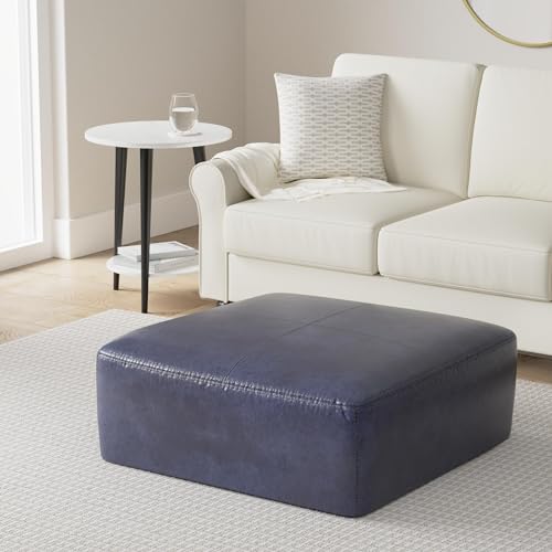 Image of POLY & BARK Sequoia Ottoman - 35 inch Square Pouf with Feather-Down Topper - Full-Grain Leather Upholstered Pouf Ottoman for Living Room - Italian Leather in Midnight Blue