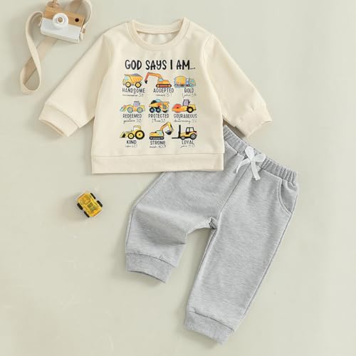 Toddler Boy Fall Clothes Kids Baby Excavator Outfit Tractor Sweatshirt + Solid Joggers Pants Set Winter Outfits2