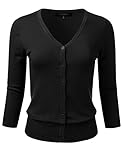 FLORIA Womens Button Down 3/4 Sleeve V-Neck Stretch Knit Cardigan Sweater Black 1XL