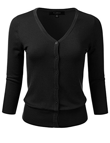 Women's Button Down 3/4 Sleeve V-Neck Stretch Knit Cardigan Sweater Black 1X