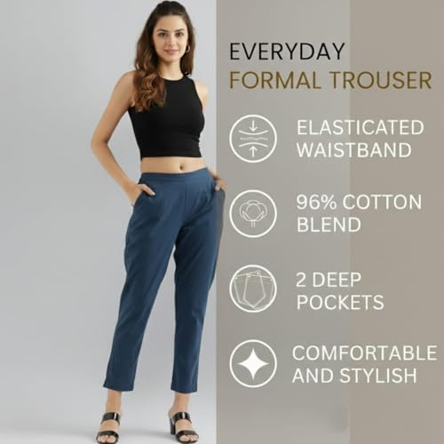Image of DIGITAL SHOPEE Women Regular Fit Elastic Waist Full Length Cotton Formal Trouser for Casual Wear, Office Wear