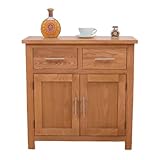 Kemtpase Oak Small Sideboard with 2 Drawers & Cupboard, Oak Wooden Sideboard with Adjustable Shelves, Wide Storage Dresser, Cabinets for Living Room & Bedroom