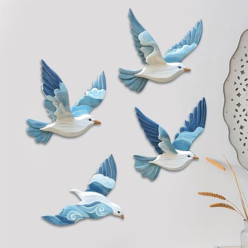 BSITSSS 4 Piezas Decoración de Pared de Playa Paloma Mensajera, Maritimo Efecto Madera Pájaros, Adornos Pared, Wall Art para Salón, Dormitorio, Baño, Pasillo, Casa de Vacacione