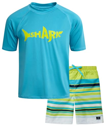 Big Chill Boys Rash Guard Set - 2 Piece UPF 50+ Quick Dry Sun Protection Swim Shirt and Swimming Trunks (Sizes: 4-14), Size 10-12, Scuba Blue Shark Multi Stripes